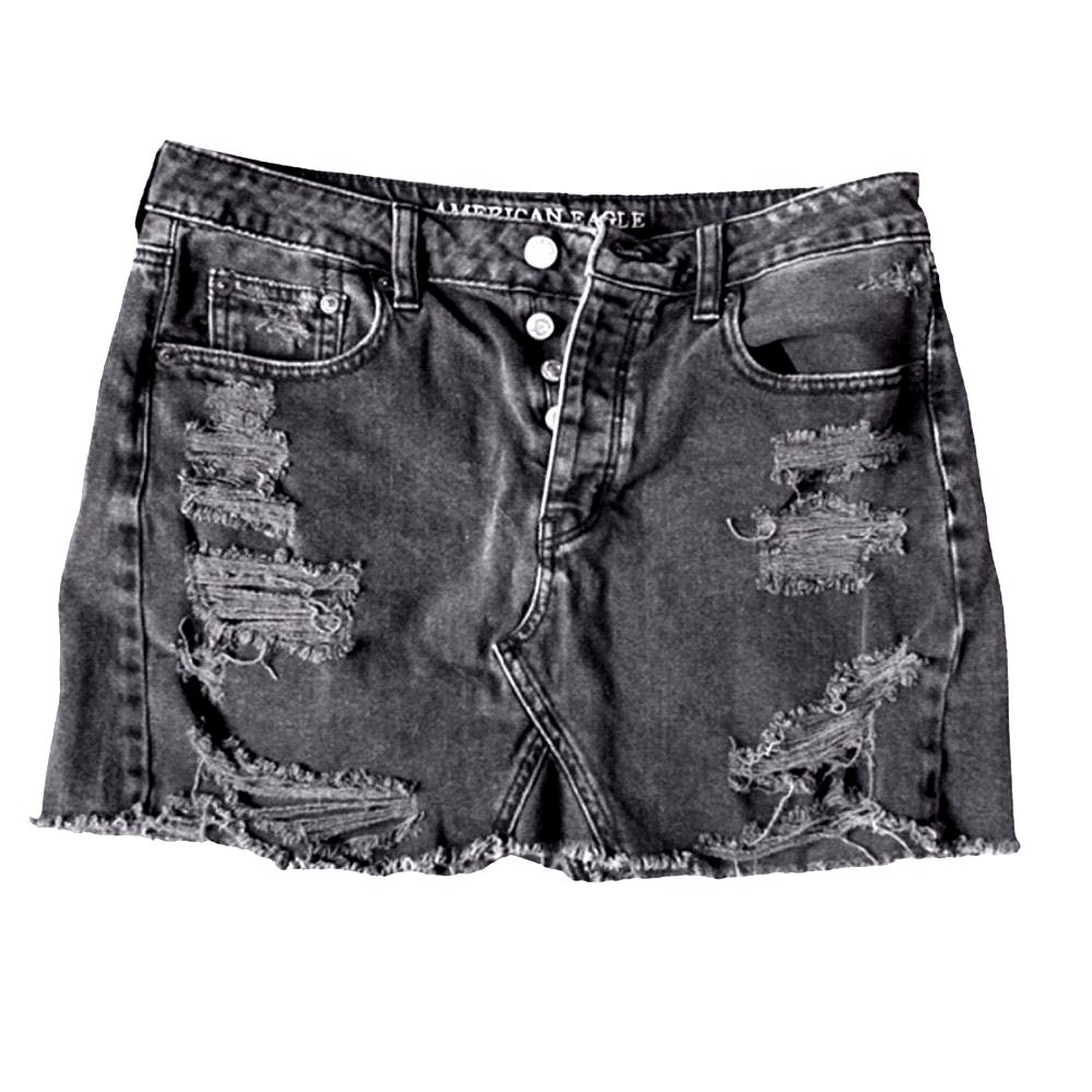 American Eagle Black Denim Mini Skirt distressed destroyed Button Fly Size‎ 8